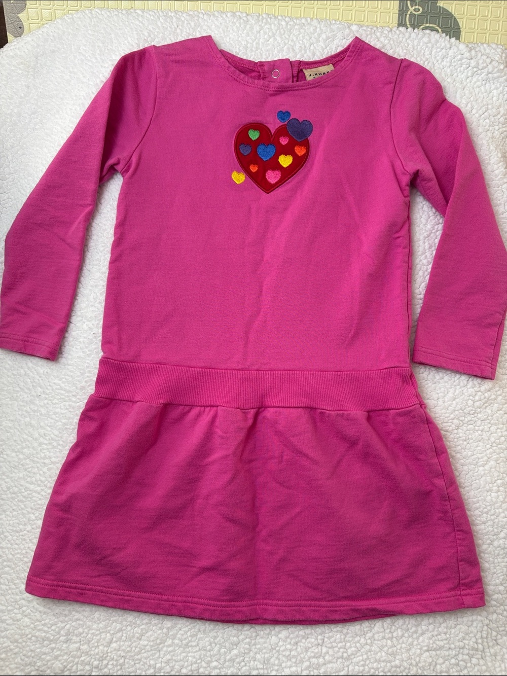 J. Khaki Bright Pink Long-Sleeve Dress with Multicolor Heart Appliqué